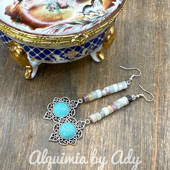 Turquoise and amazonite extra long dangle earrings/western/rustic bohemian - Picture 1 of 6
